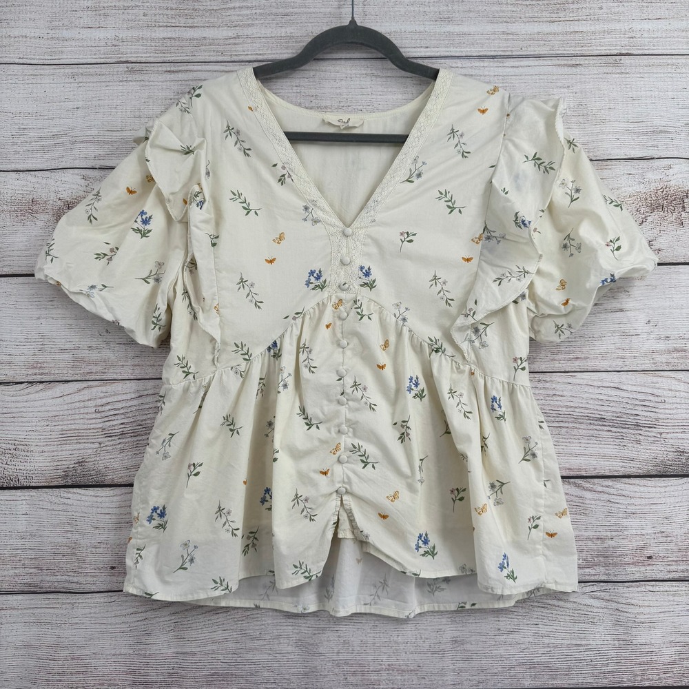 Easel Peplum Top Women Medium Cream Floral Butterfly Ruffle V-Neck ET19004